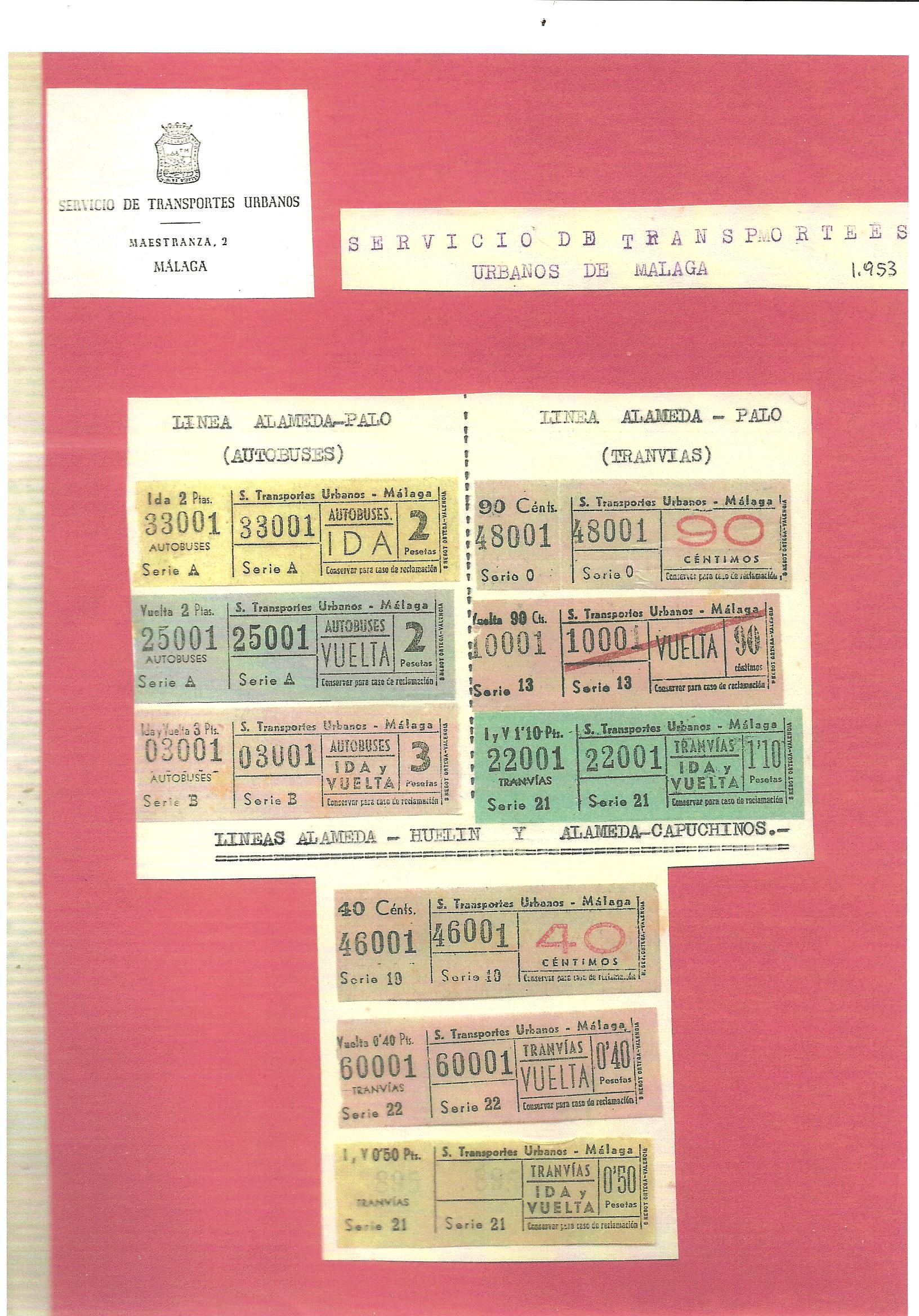 Billetes de autobuses y tranvías de Málaga del año 1953